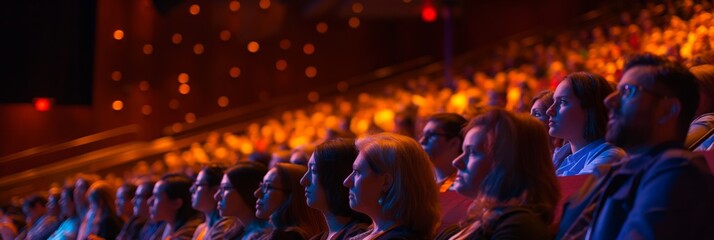 A captivated audience with obscured faces focuses intently on a screen, absorbed in a gripping cinematic performance