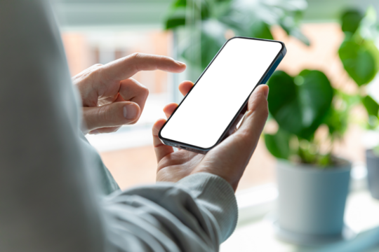 A man is using a smartphone with a blank, frameless  screen in a contemporary home or office interior. Bright light with plants in the background