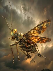 Dramatic Close-up of Mechanical Grasshopper Flying through Stormy Skies with Intense Detail and Fantasy Elements