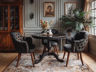 Luxury chairs around round black glass table in room with sofa and cabinet near luxury wall. 