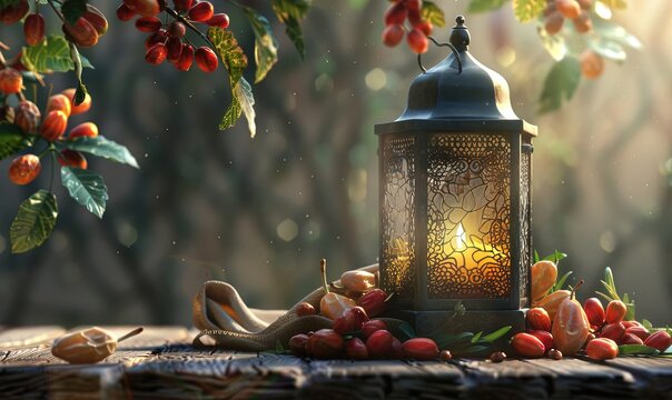Holy Ramadan concept. lantern, dates fruit