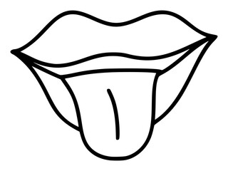Hand drawn lips with tongue icon in simple doodle style. Woman mouth with lines. Monochrome design Taste, body feelings sense organs - 785504646