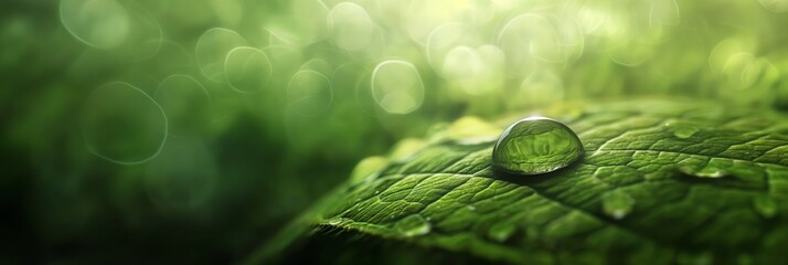 An up close image of a pristine dewdrop on a vibrant green leaf, symbolizing purity and the beauty of nature - obrazy, fototapety, plakaty
