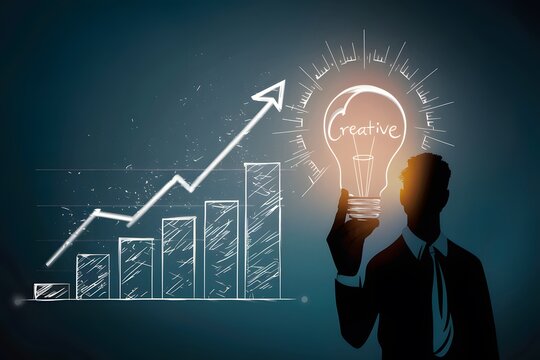 A silhouette businessman holding creative light bulb with growth graph, symbolizing innovation