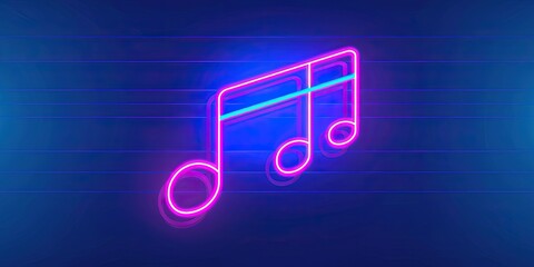 Neon style notes icon on blue representing music, a song, melody, or tune.