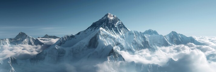 Breathtaking vista of Mount Everest towering above the clouds, showcasing its sheer scale and the grandeur of the Himalayas - obrazy, fototapety, plakaty