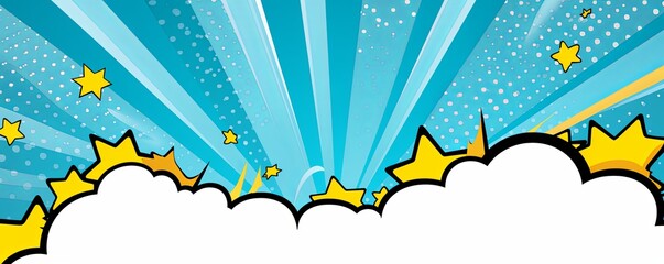 Sky Blue background with a white blank space in the middle depicting a cartoon explosion with yellow rays and stars