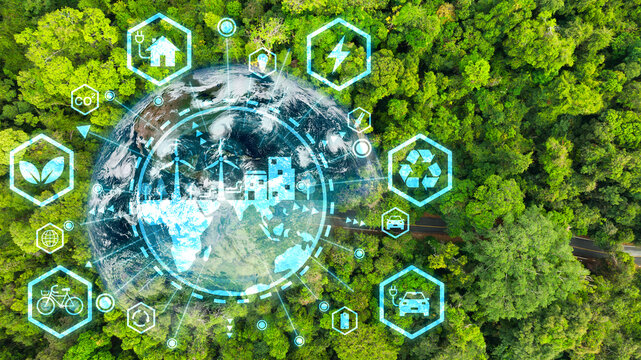 Concept of sustainability development by alternative energy,ESG,carbon natural,CO2 net zero.Double exposure graphic of business people  over  green renewable energy worker interface icon. 
