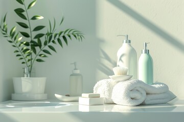 Spa bathroom scene with toiletries, soap, and towel set on soft white background