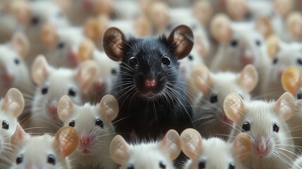 Black mouse alone among a crowd of white mouse, concept of standing out from the crowd as a leader, of being different and unique with its own identity