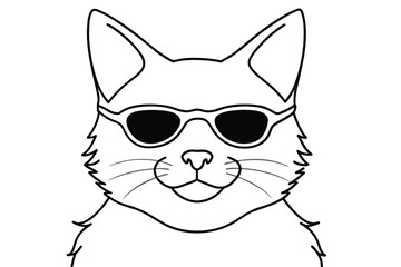 Closeup portrait of a cat wearing sunglasses, line art, vector illustration