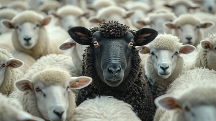 Black sheep alone among a crowd of white sheep, concept of standing out from the crowd as a leader, of being different and unique with its own identity