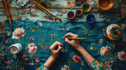 Artist Hand-Painting Floral Patterns on Fabric