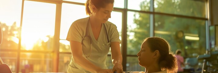 In a warm, sunlit hospital room, a nurse is seen interacting with a young patient, creating a sense of care and attention - obrazy, fototapety, plakaty