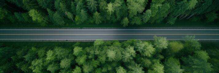 Aerial Perspective of a Serene Road Cutting Through the Lush Green Forest