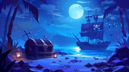 Modern cartoon banners with dead captain and hook with wooden leg and beard on boat deck with ghost ship posters with pirate, treasure chest, and Jolly Roger flag at night.