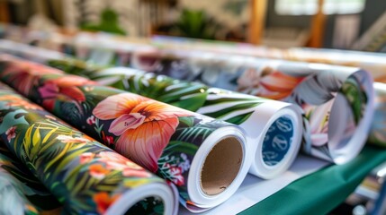 Colorful Assorted Fabric Rolls on Display - obrazy, fototapety, plakaty