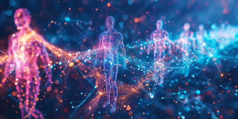 Digital human figures interconnected with vibrant energy flows