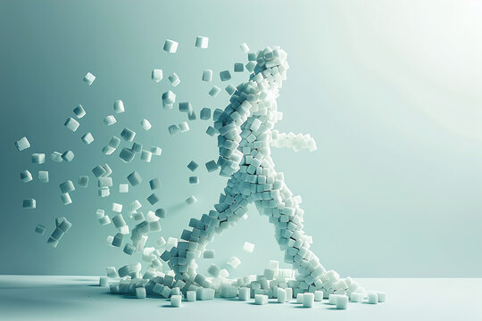 Silhouette of a sugar cube man disassembling, promoting sugar refusal