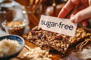 Zelfklevend Fotobehang Homemade granola bars with nuts and sugar-free label © Philippova
