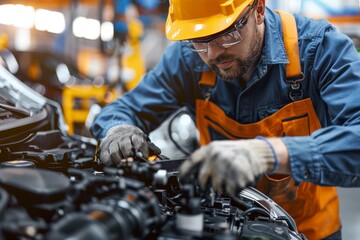 Auto mechanic performing car maintenance in repair shop, emphasizing professional service concept