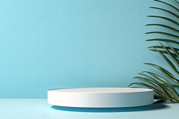 Sky Blue background with shadows of palm leaves on a sky blue wall, an empty table top for product presentation. A mockup 