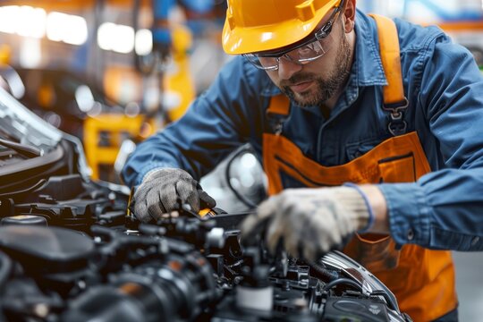 Auto mechanic performing car maintenance in repair shop, emphasizing professional service concept