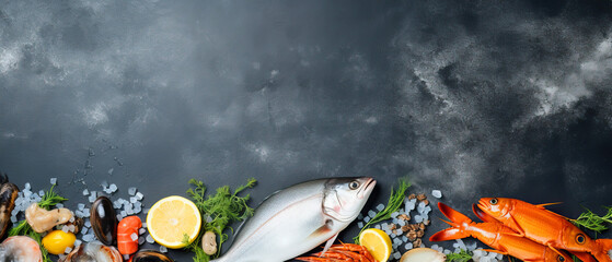 Assorted seafood and veggies on ice, set on a grey backdrop - obrazy, fototapety, plakaty