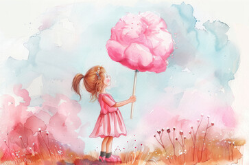 Illustration of a little girl with cotton candy in her hand, happy childhood - obrazy, fototapety, plakaty