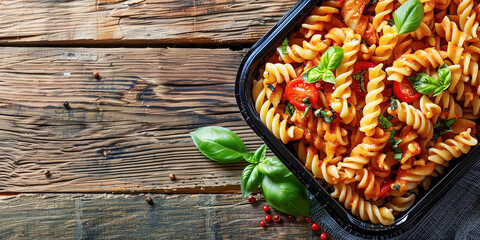 Delicious pasta with tomato sauce and basil in a takeout box