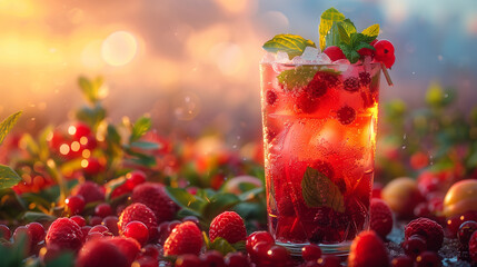 Cocktail fruité rouge avec baies et menthe sur fond bokeh estival