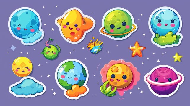 Cartoon modern set with Earth and Moon cartoon characters, cute funny planets with kawaii faces and clouds, happy mascot rejoice, touching star, sleep, volcano eruption, green sprouts and comet.
