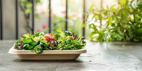 Fresh salad in eco-friendly packaging on table