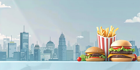 Cheeseburger and fries with cityscape background
