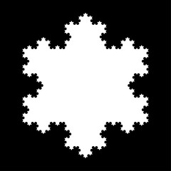 White Koch snowflake, a fractal curve, fifth iteration, over black. Starting with an equilateral triangle, each successive stage is formed by adding outward jags to each side of the previous stage. - obrazy, fototapety, plakaty