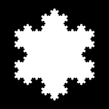 White Koch snowflake, a fractal curve, fifth iteration, over black. Starting with an equilateral triangle, each successive stage is formed by adding outward jags to each side of the previous stage.