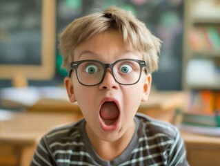 A boy with glasses is surprised in a classroom.
