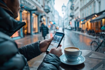 Man reading breaking news on smartphone at cafe table in city, sipping morning coffee