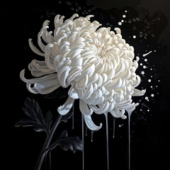 Beautiful white chrysanthemum flower with water droplet on petals in a serene painting