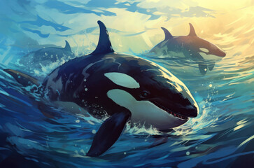 illustration of killer whales - obrazy, fototapety, plakaty