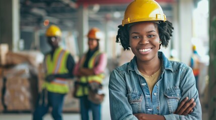 A woman wearing a yellow hard hat and a blue shirt is smiling for the camera - Powered by Adobe