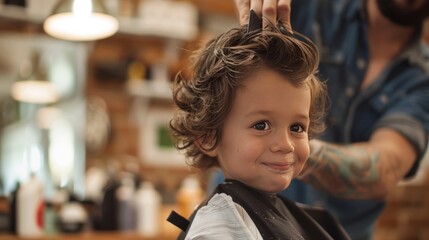 A young boy is getting his hair cut by a man in a barber shop
