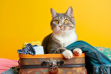Cute cat sitting in suitcase on yellow background