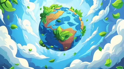 Fototapeta na wymiar Modern header of ecology project of environmental protection, conservation of nature with a cartoon illustration of planet Earth with clouds and green leaves.
