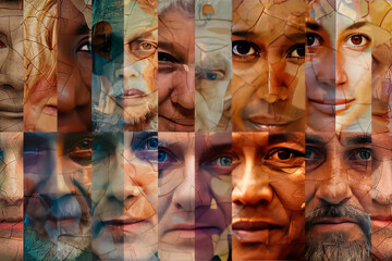 collage Human faces made from portrait of different people of diverse age, gender and race. Concept of social equality, human rights, freedom, diversity, acceptance