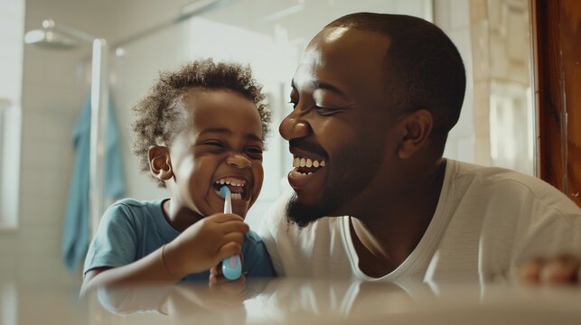 A man and a child are brushing their teeth together