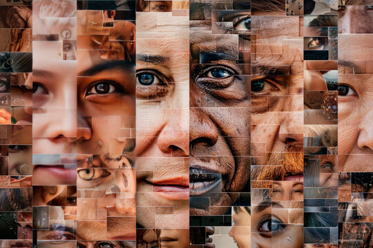 collage Human faces made from portrait of different people of diverse age, gender and race. Concept of social equality, human rights, freedom, diversity, acceptance