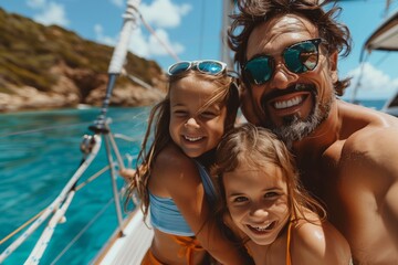 Happy family with adorable daughter father resting on a big yacht