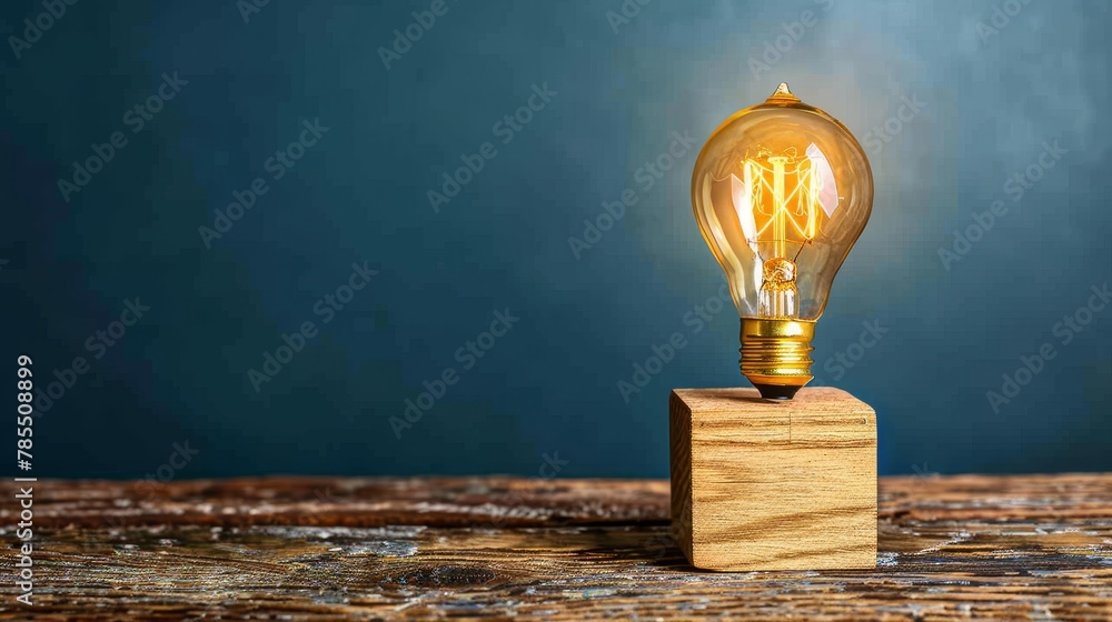 Aufkleber light bulb glowing on block with space for text on solid color background for versatile messages