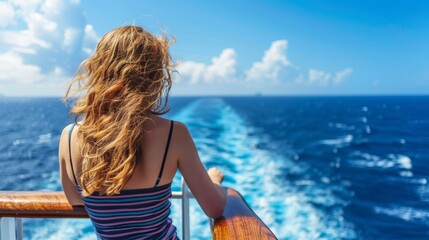 Woman on cruise liner deck shoots a seascape